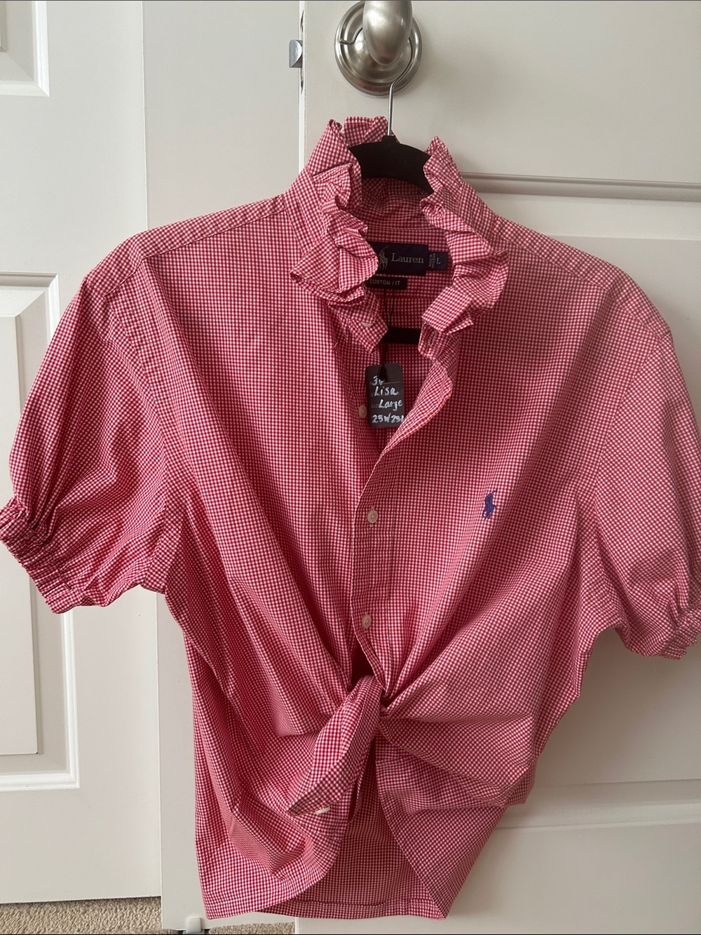 Ralph Lauren Red Gingham Ruffle Collar Short-Sleeve Button Shirt